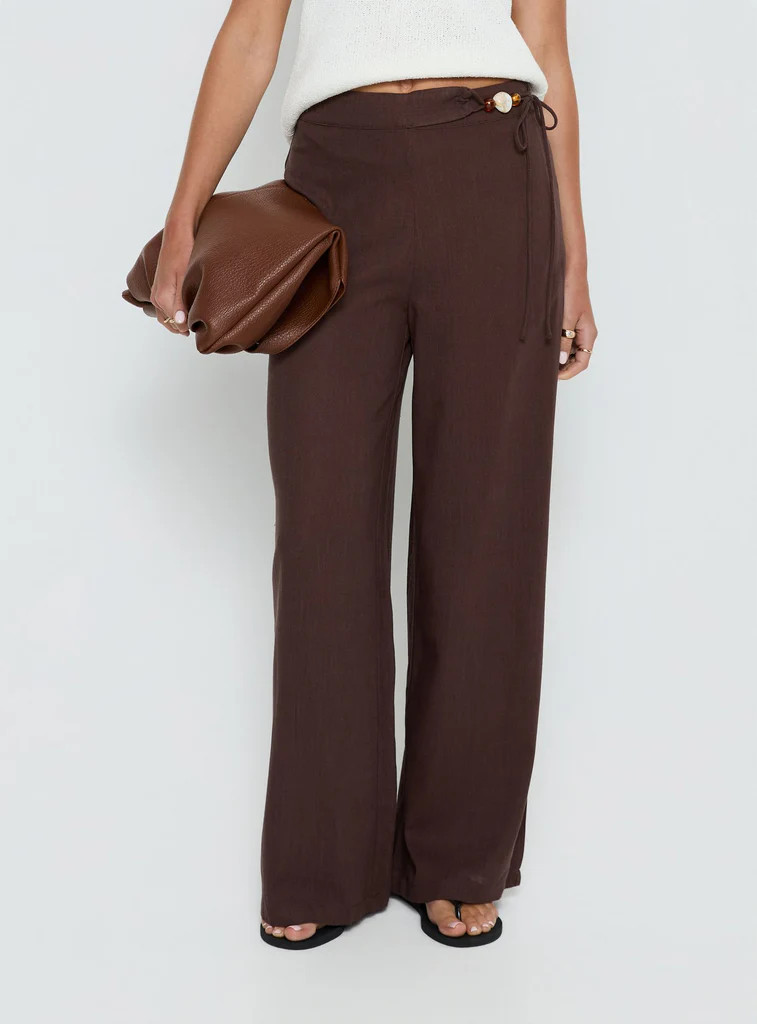Pine For You Bead Detail Linen Pant Brown | Princess Polly US