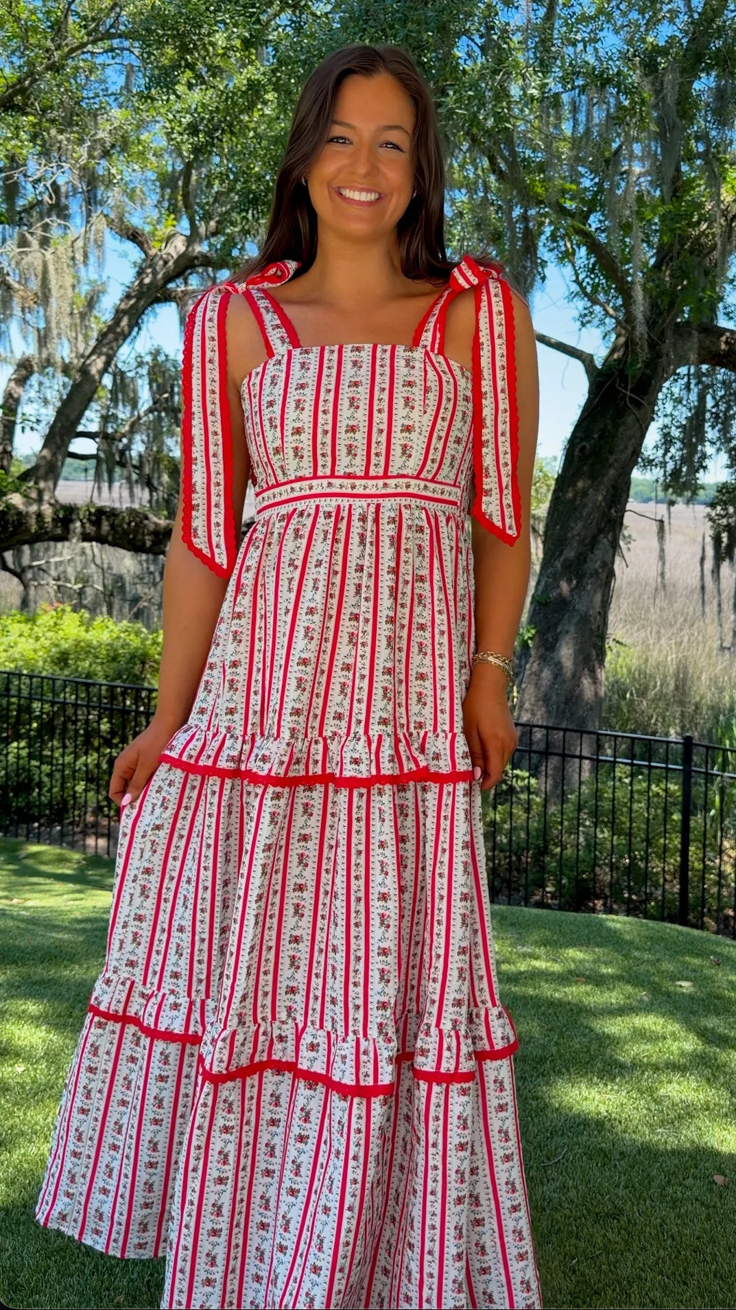 Scarlett Red Stripe Floral Tiered Maxi Dress | Ribbon Tie Straps | Shop.app