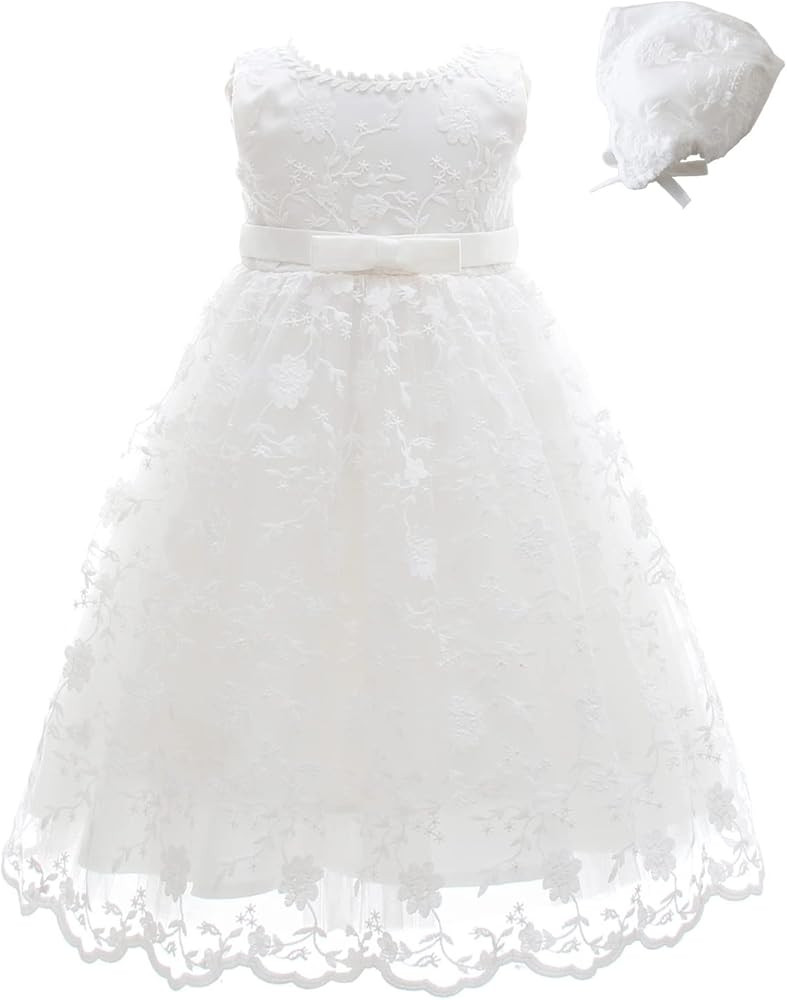 Meiqiduo Baby Girls Lace Christening Baptism Gowns Dresses with Bonnet | Amazon (US)