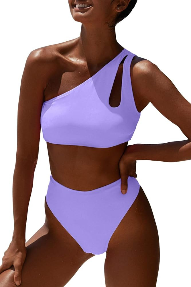 Women One Shoulder Bikini High Waisted Cutout Crop Top Swimsuit Sports Two Piece Padded Push Up High | Amazon (US)