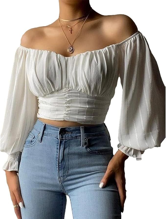 MIRACMODA Womens Elegant Off Shoulder Puff Sleeve Blouses Summer Rib Pleated Chiffon Crop Top | Amazon (US)