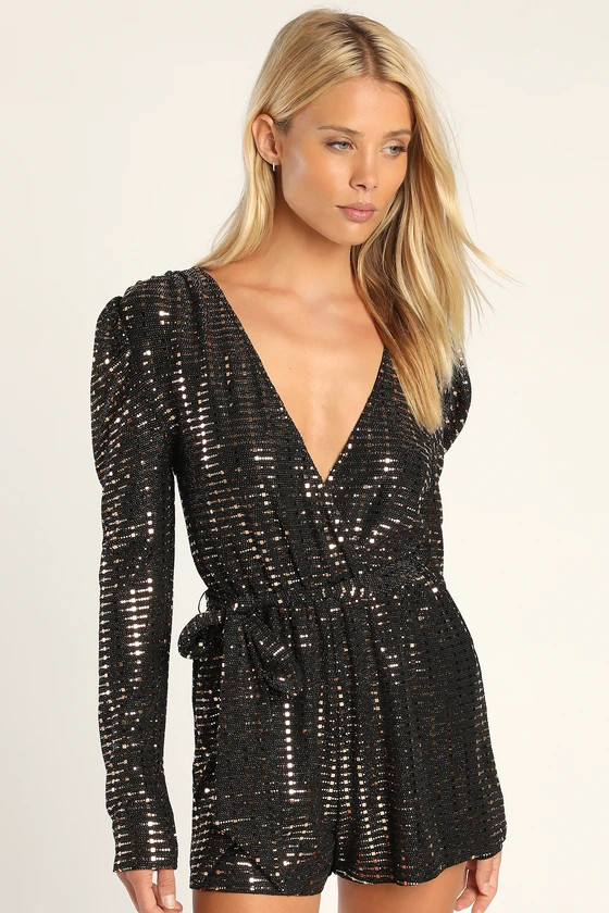 Bettie Black Metallic Long Sleeve Romper | Lulus (US)