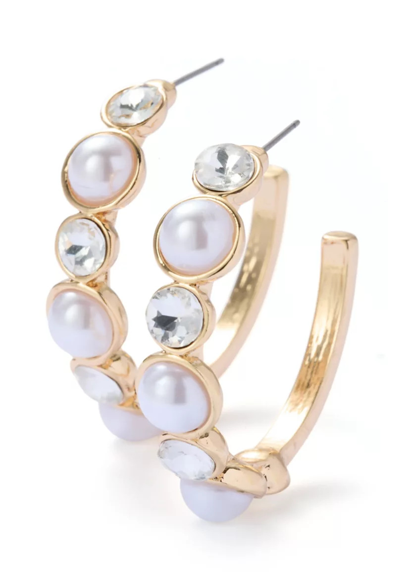 Crystal Pearl Stone C Hoop Earrings | Belk
