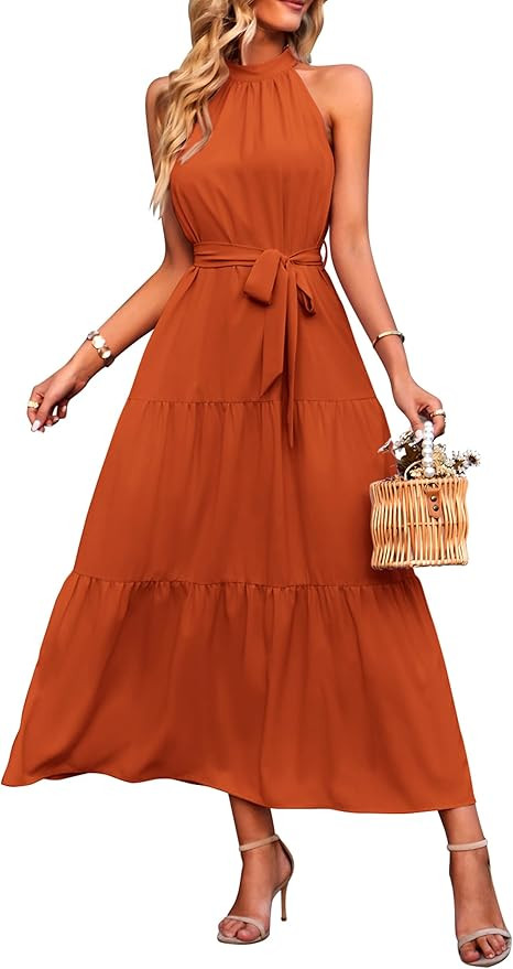 PRETTYGARDEN Women's Summer Floral Maxi Sun Dress Sleeveless Halter Neck Flowy Ruffle Hem Long Bo... | Amazon (US)