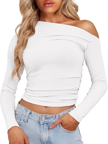 HDLTE Women's Off The Shoulder Tops – Long Sleeve Going Out Crop Tops Ribbed Boat Neck Trendy Casual Y2K Shirts Blouses 2024(Medium, White) | Amazon (US)