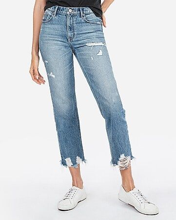 High Waisted Destroyed Hem Straight Cropped Jeans | Express