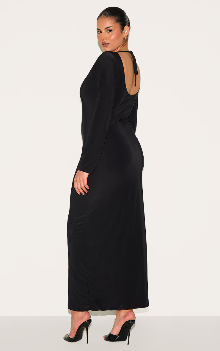 Plus Black Double Layer Slinky Flared Sleeve Midaxi Dress | PrettyLittleThing US