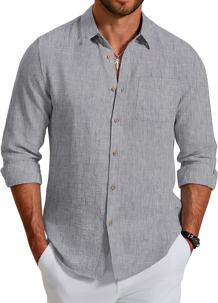 COOFANDY Men's Long Sleeve Button Down Shirt Casual Untucked Shirts Summer Beach Wedding Linen Te... | Amazon (US)