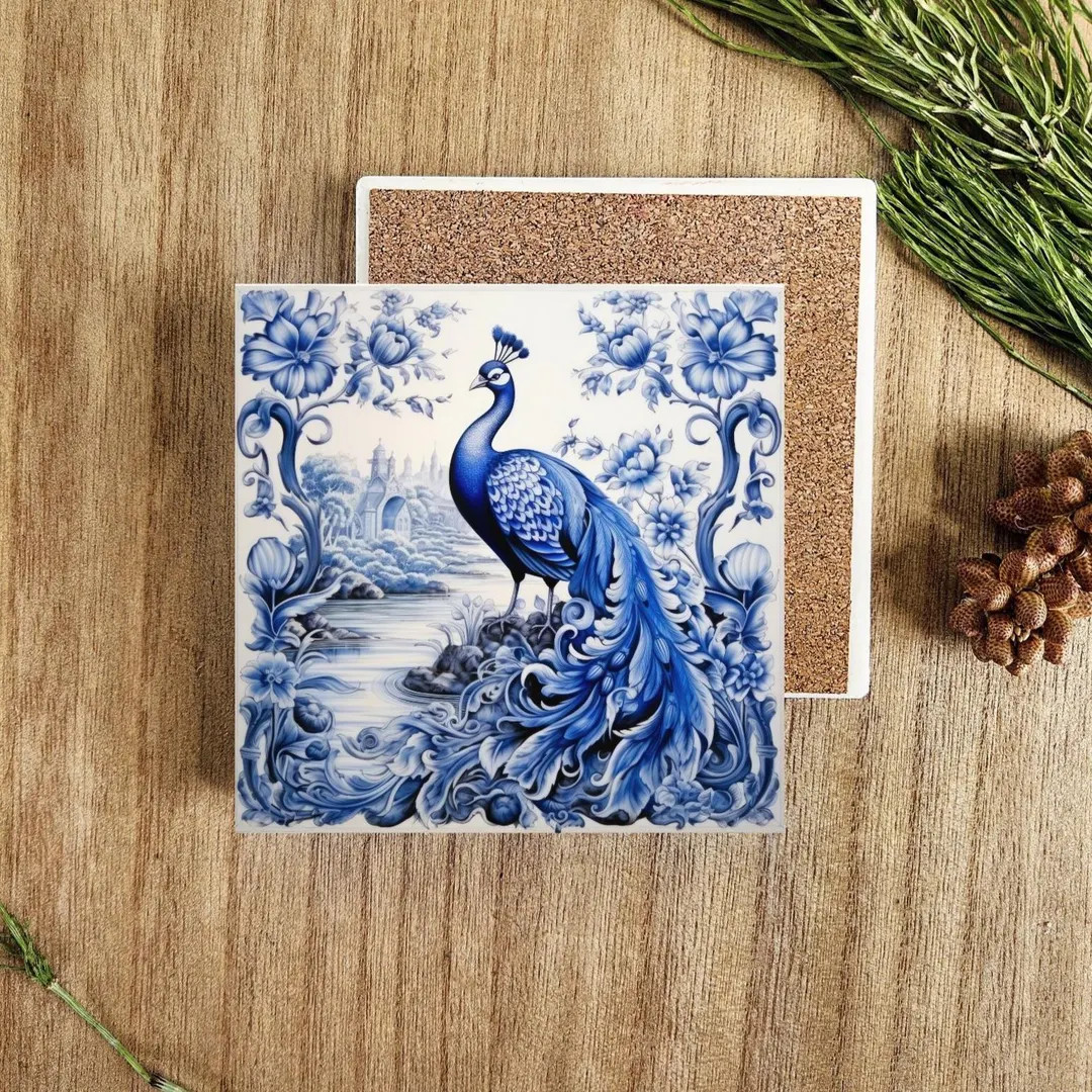 Chinoiserie Peacock Square Ceramic Coaster, Nature Lover Coaster, Coffee Table Decor, Drink Coast... | Etsy (US)