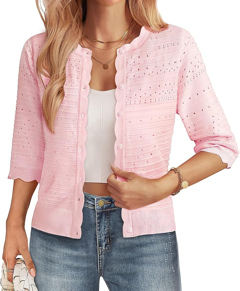 GRACE KARIN Women's 3/4 Short Sleeve Cropped Cardigan Lightweight Button up Crochet Knit Sweater ... | Amazon (US)
