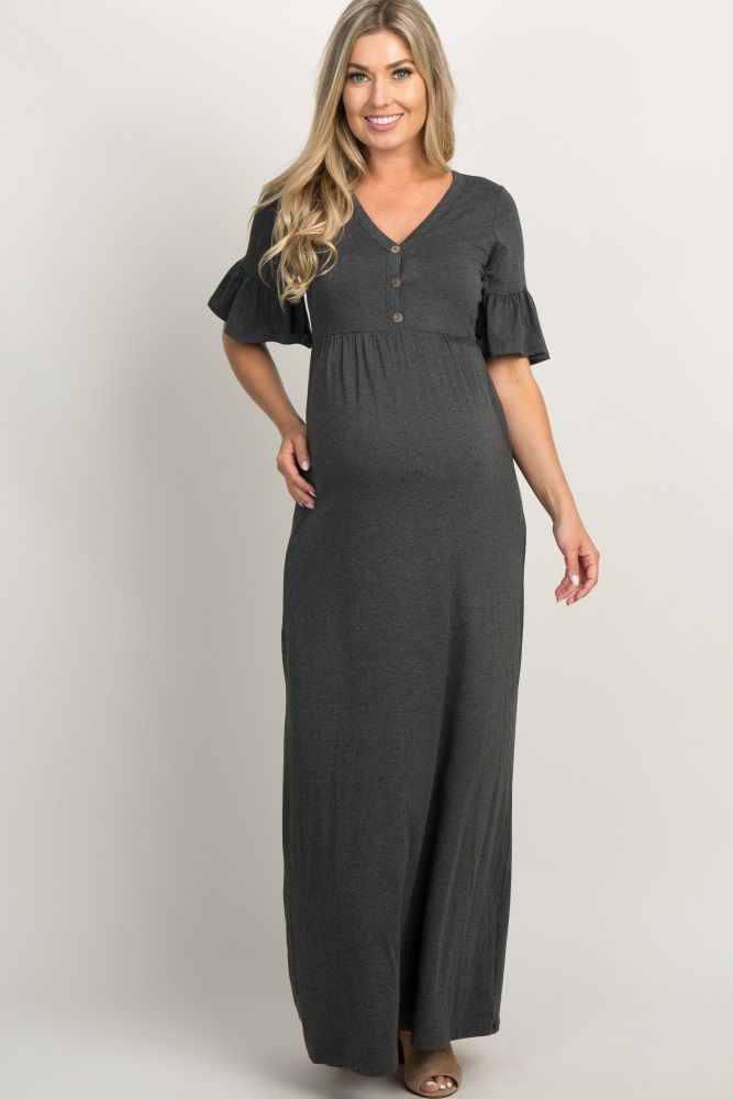 Charcoal Button Ruffle Sleeve Maternity Maxi Dress | PinkBlush Maternity