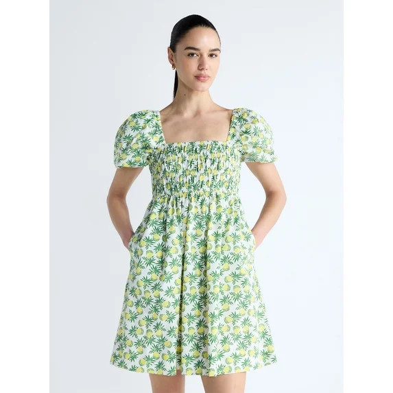 Free Assembly Women's and Women's Plus Smocked Cotton Peasant Mini Dress with Puff Sleeves, Sizes... | Walmart (US)
