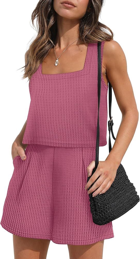 XIEERDUO Waffle Knit 2 Piece Outfits for Women Summer Short Set with Pocket Travel Outfits Lounge... | Amazon (US)