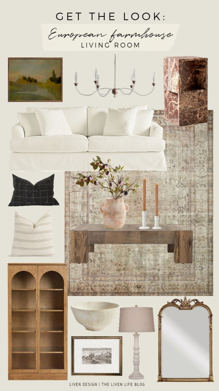European farmhouse rustic living room. Home decor. Marble side table. Terracotta vase. Paper mache bowl. Slipcovered sofa. European art. Chandelier. Candlestick. Loloi rug. 

#LTKSeasonal #LTKHome #LTKSaleAlert
