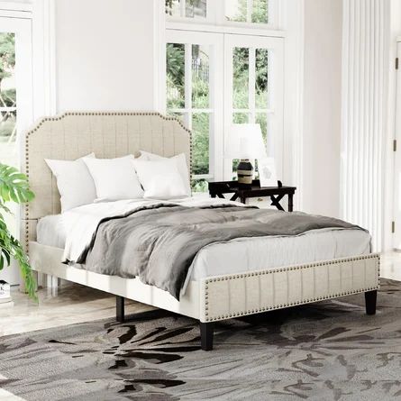 Red Barrel Studio® Upholstered Linen Platform Bed, Nailhead Trim Bed Frame With Curved Headboard... | Wayfair North America