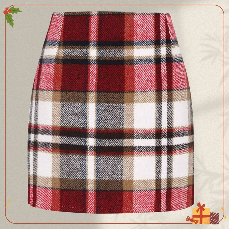 Zunfeo Plaid Skirt for Women High Waisted Fall Winter Mini Wrap Wool Skirts for Party Go Out Red ... | Walmart (US)