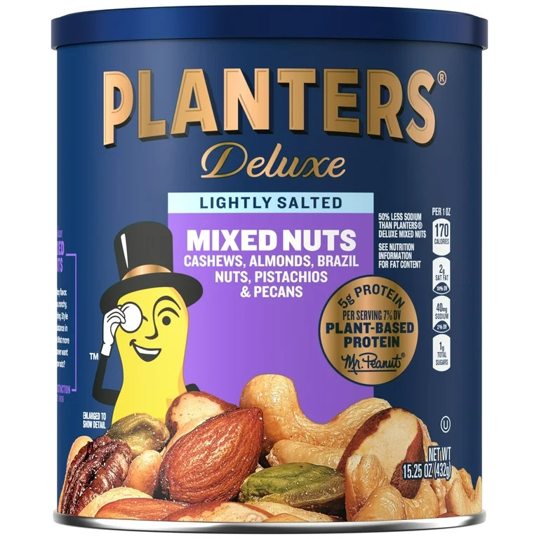 PLANTERS Deluxe Lightly Salted Mixed Nuts, Party Snacks, Plant Based Protein 15.25 oz Steel Can | Walmart (US)