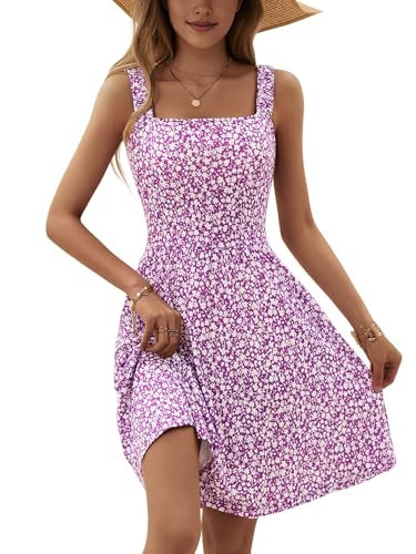 HUHOT Spring Dresses for Women Purple Floral Mini Dress with Pocket, Knee-Length, Small, Casual, Sleeveless, Square Neck, Perfect for Teens, Young Adults | Amazon (US)