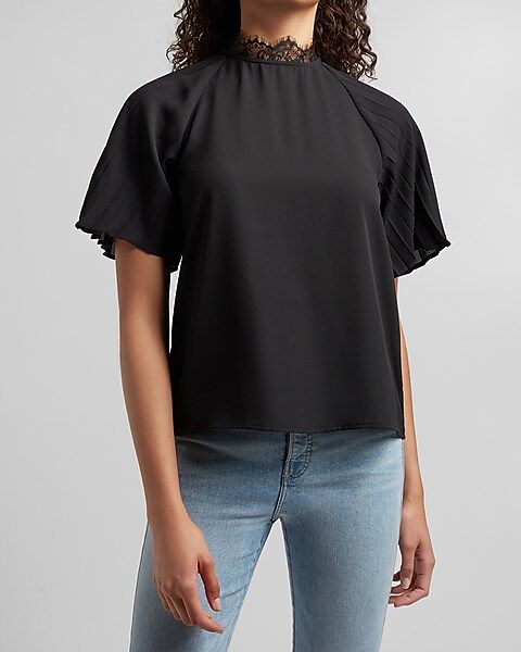 Lace Mock Neck Pleated Sleeve Top | Express