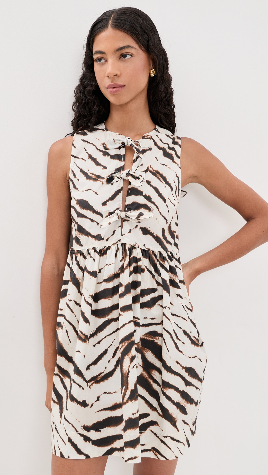 GANNI Washed Stretch Cotton Mini Bow Tie Dress Egret 34 | Shopbop