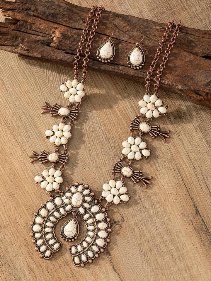 3pcs/set Vintage Zinc Alloy Stone Decor Jewelry Set For Women For Daily Decoration | SHEIN