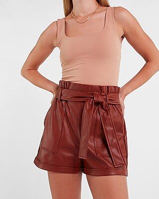 High Waisted Belted Vegan Leather Shorts | Express