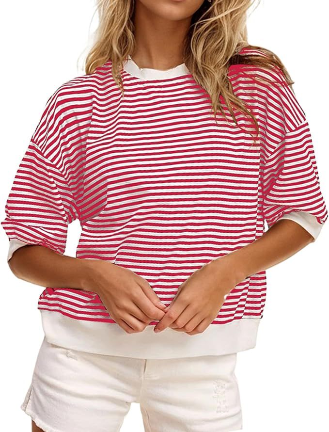 MISSACTIVER Women Oversized Stripe Color Block T-Shirt Crew Neck Short Sleeve Loose Fit Summer Te... | Amazon (US)