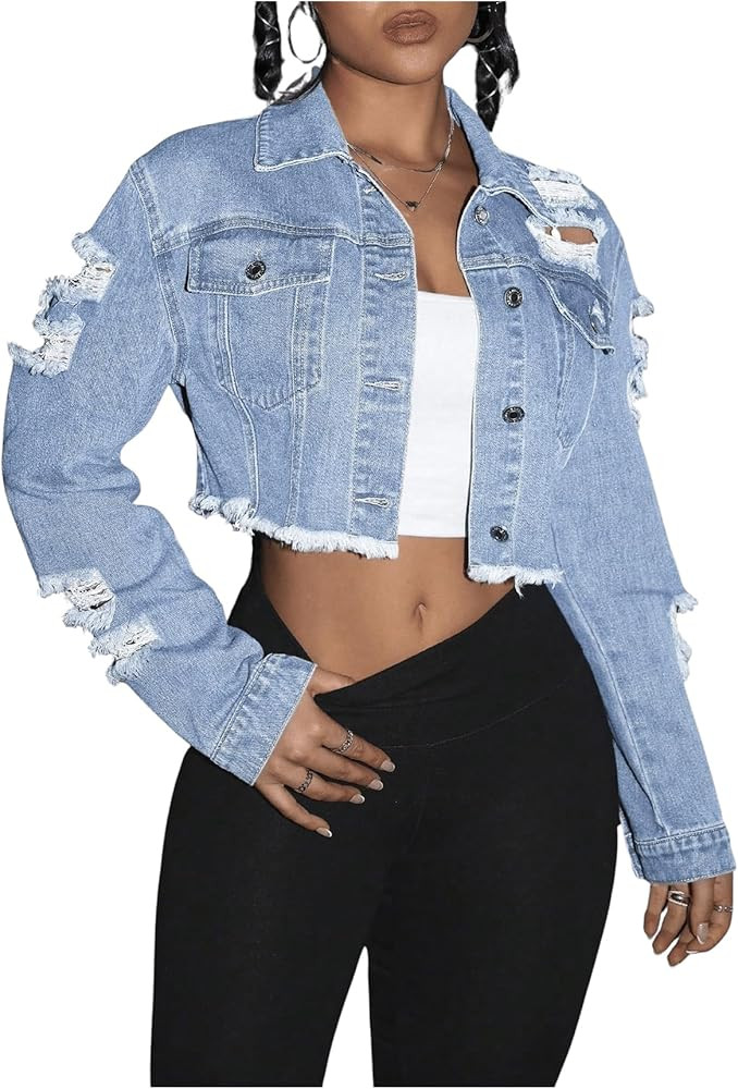 WDIRARA Women's Distressed Button Down Denim Jacket Raw Hem Y2k Cropped Jean Jackets | Amazon (US)