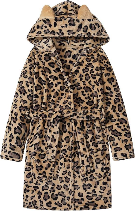 Topgal Leopard Cat Robe for Girls Fleece Toddler Kids Teen Hooded Bathrobe Size 4T-18 | Amazon (US)