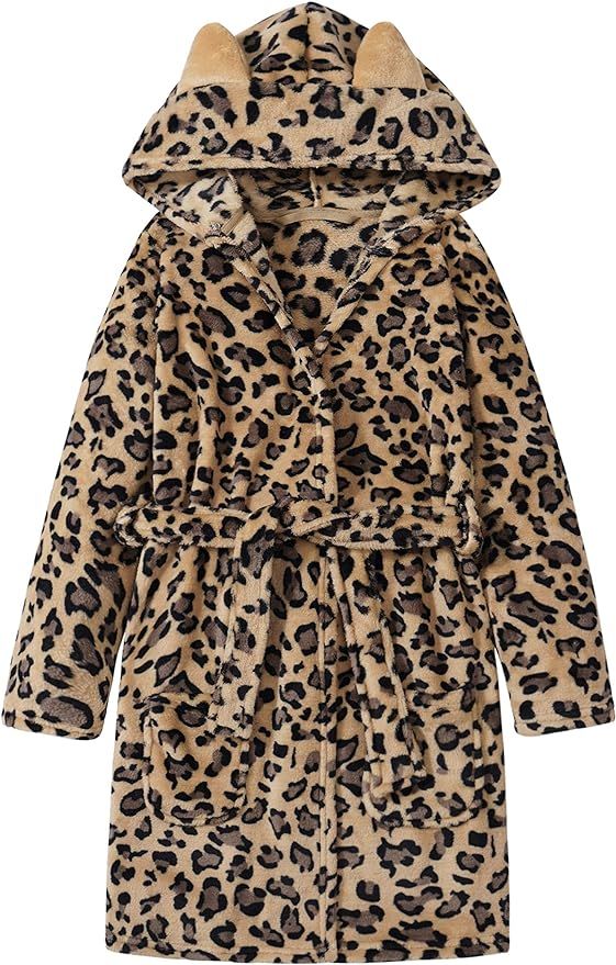 Leopard Cat Robe for Girls Fleece Toddler Kids Teen Hooded Bathrobe Size 4T - 18 | Amazon (US)