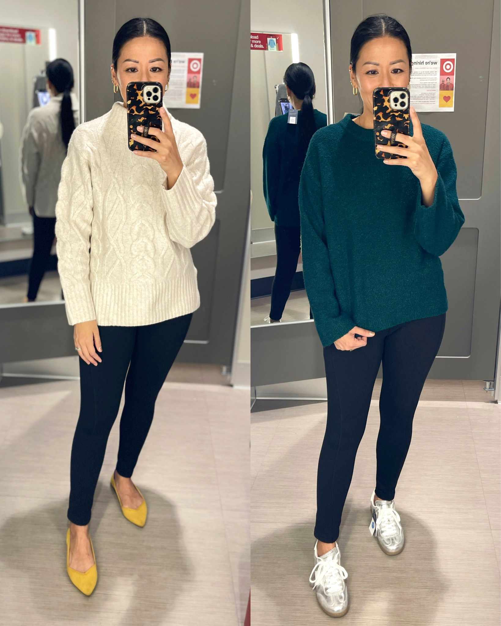 Size XS in both sweaters
Size small leggings
Sized up 1/2 in flats
Sized down 1/2 in sneakers

Target style
Target fashion 