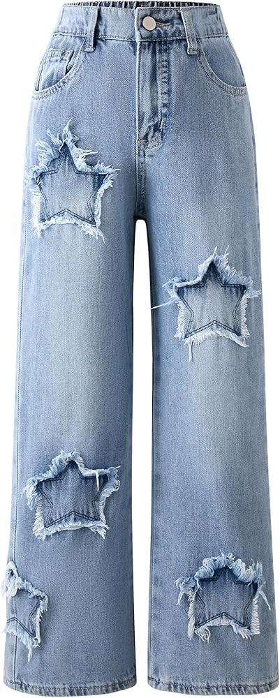 Jeans for Girls Baggy Wide Leg Cute Bow High Elastic Waisted Denim Pants Y2K Boyfriend Skater Str... | Amazon (US)