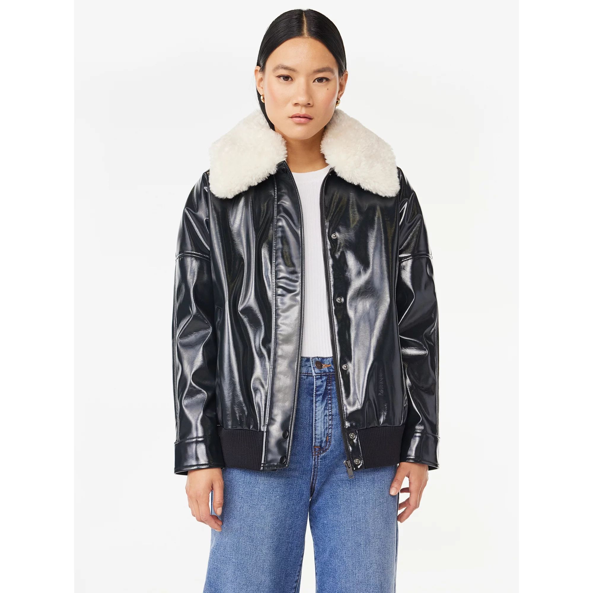 Scoop Women's Oversized Faux Leather Jacket with Faux Fur Collar, Sizes XS-2XL | Walmart (US)