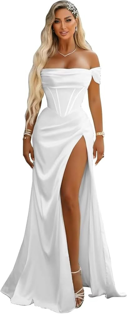 Changuan Off The Shoulder Mermaid Prom Dresses with Slit Long Satin Corset Formal Evening Party G... | Amazon (US)