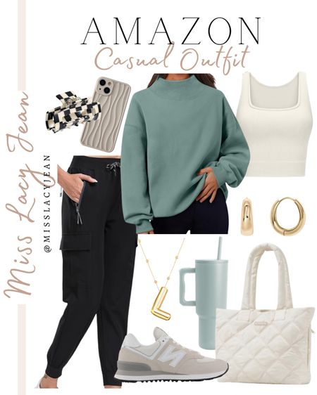 Amazon Casual outfit includes sweatshirt, joggers, cropped tank, cell phone case, hair claw, earrings, necklace, tumbler, sneakers, quilted bag.

Outfit, casual outfit, loungewear, Amazon finds, Amazon outfit finds

#LTKstyletip #LTKfindsunder50 #LTKshoecrush