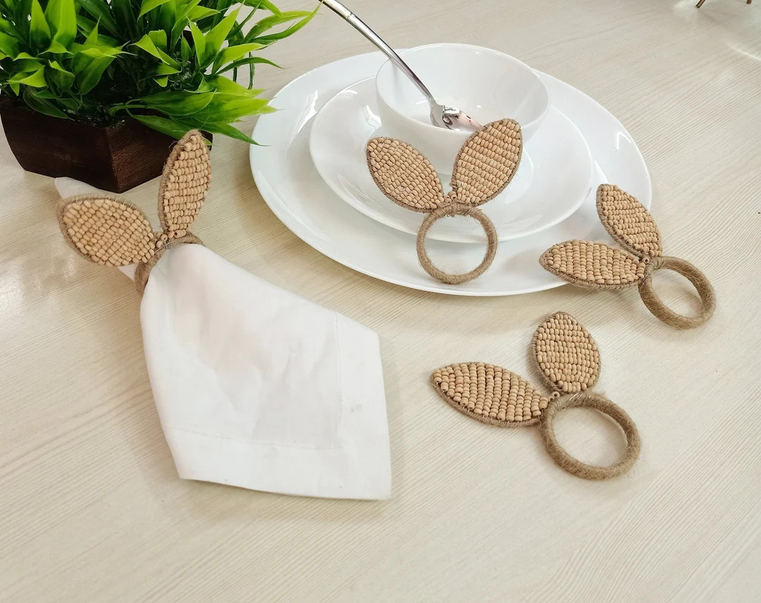 Set of 4 Wooden Beads Bunny Ears Napkin Rings - Etsy | Etsy (US)