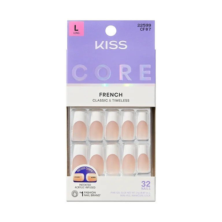 Kiss Core French Tip Press On Nails, ‘Every Minute’, White, Long Square, 32 Count | Walmart (US)
