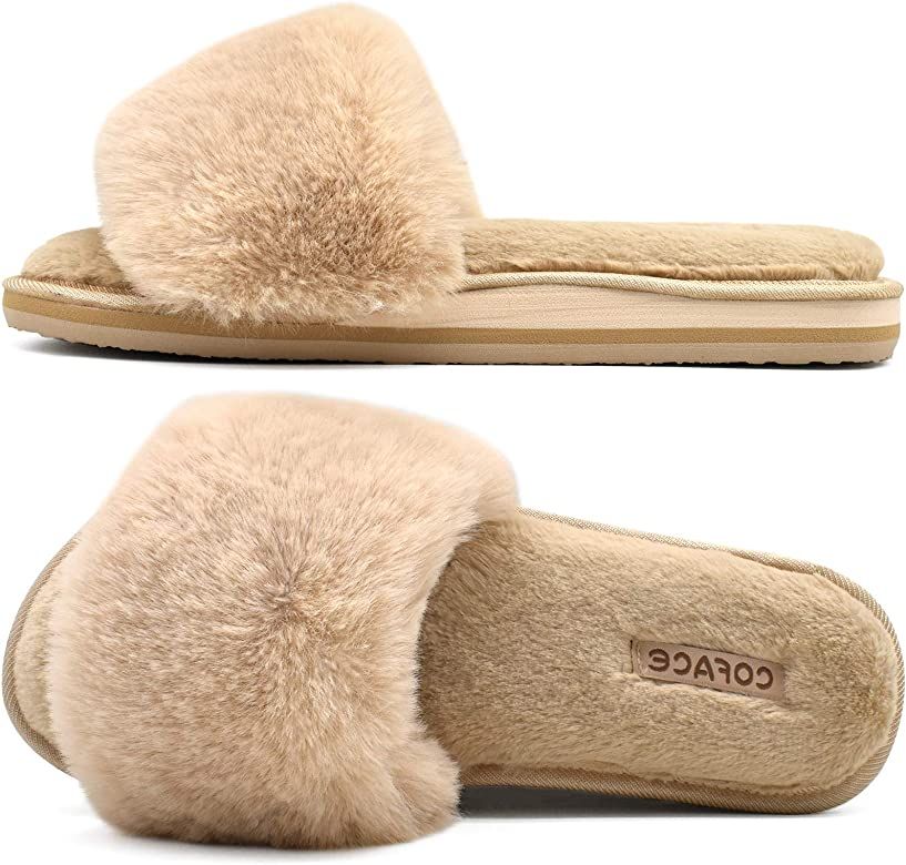 COFACE Womens Sliders Plush House Slippers Flat Sandals for Women Memory Foam Fuzzy Open Toe Slip... | Amazon (US)
