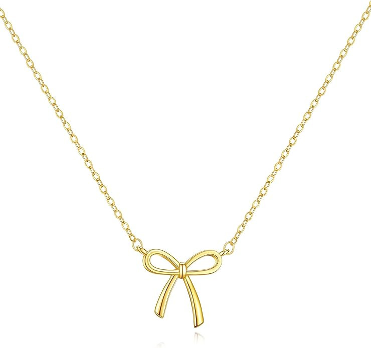 Dainty Bow Necklace for Women, 18K Gold Silver Plated Cute Choker, Small Ribbon Pendant Charm Nec... | Amazon (US)