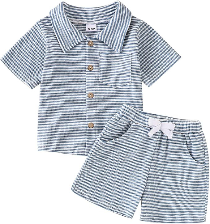 Baby Boy Clothes Toddler Summer Outfits Cute Striped Short-Sleeve Shirt + Bow Pocket Shorts Set 2... | Amazon (US)