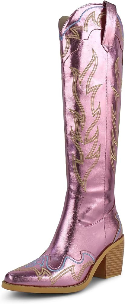 wetkiss Knee High Cowboy Cowgirl Boots for Women, with Unique Embroidery, Side Zipper and Chunky ... | Amazon (US)