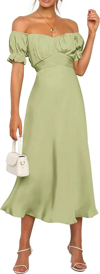 KIRUNDO Women's 2025 Summer Satin Midi Dress Off The Shoulder Wrap Ruched Wedding Guest Party Coc... | Amazon (US)