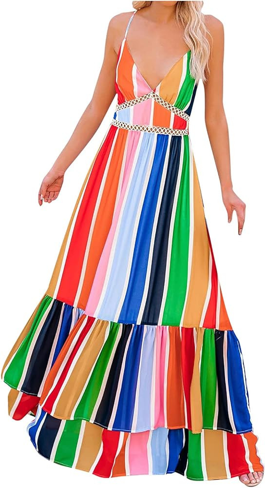 Women Rainbow Summer Dress Clothes Rainbow Ruffle Strap Dress Backless Sundress LGBTQ Accessories | Amazon (US)