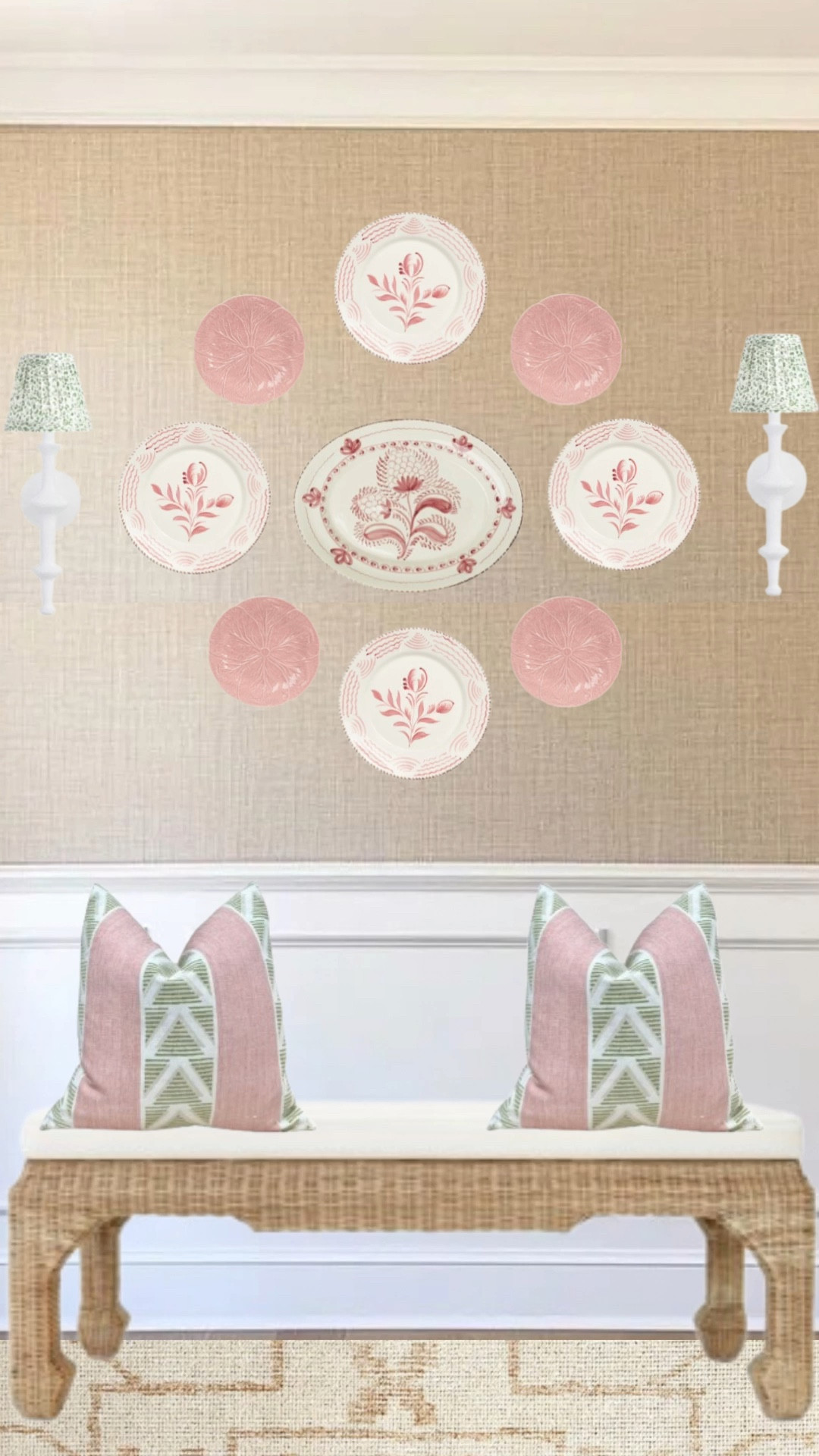 Love a plate wall 💕
.
.
.
.
Home decor, entryway decor, hallway decor, bench, furniture, interior decorating, plate wall, southern, sconces , pillows pink and green 

#LTKHome #LTKSaleAlert