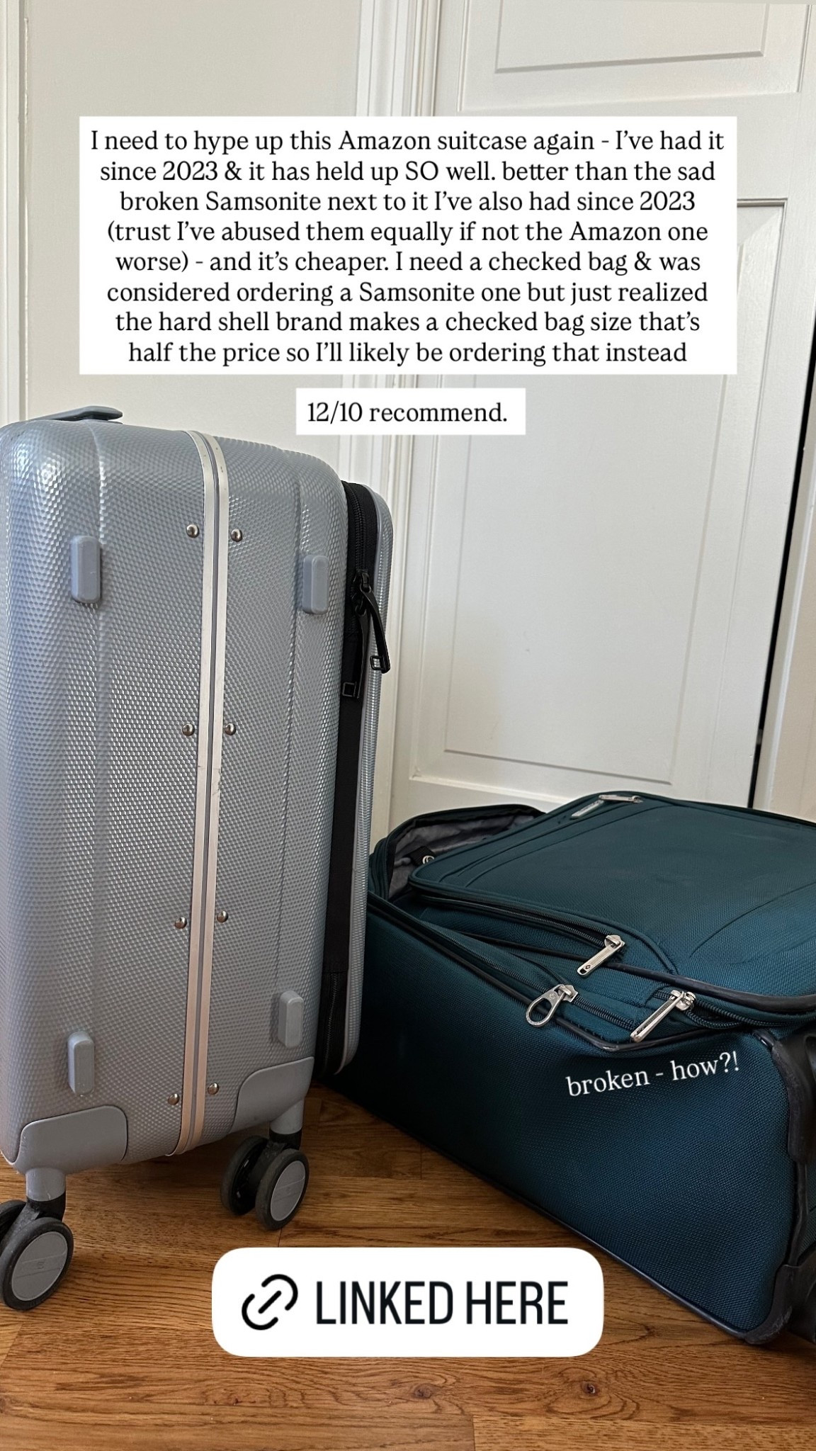 broken - how?! I need to hype up this Amazon suitcase again - I’ve had it since 2023 & it has held up SO well. better than the sad broken Samsonite next to it I’ve also had since 2023 (trust I’ve abused them equally if not the Amazon one worse) - and it’s cheaper. I need a checked bag & was considered ordering a Samsonite one but just realized the hard shell brand makes a checked bag size that’s half the price so I’ll likely be ordering that instead 

12/10 recommend.