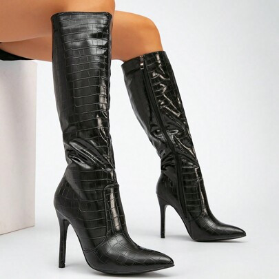 Women's Pointed Toe Stiletto Heel Side Zipper Knee High Boots, Autumn & Winter Black Boots Stone Patterned Sexy & Classic Fashionable Boots | SHEIN