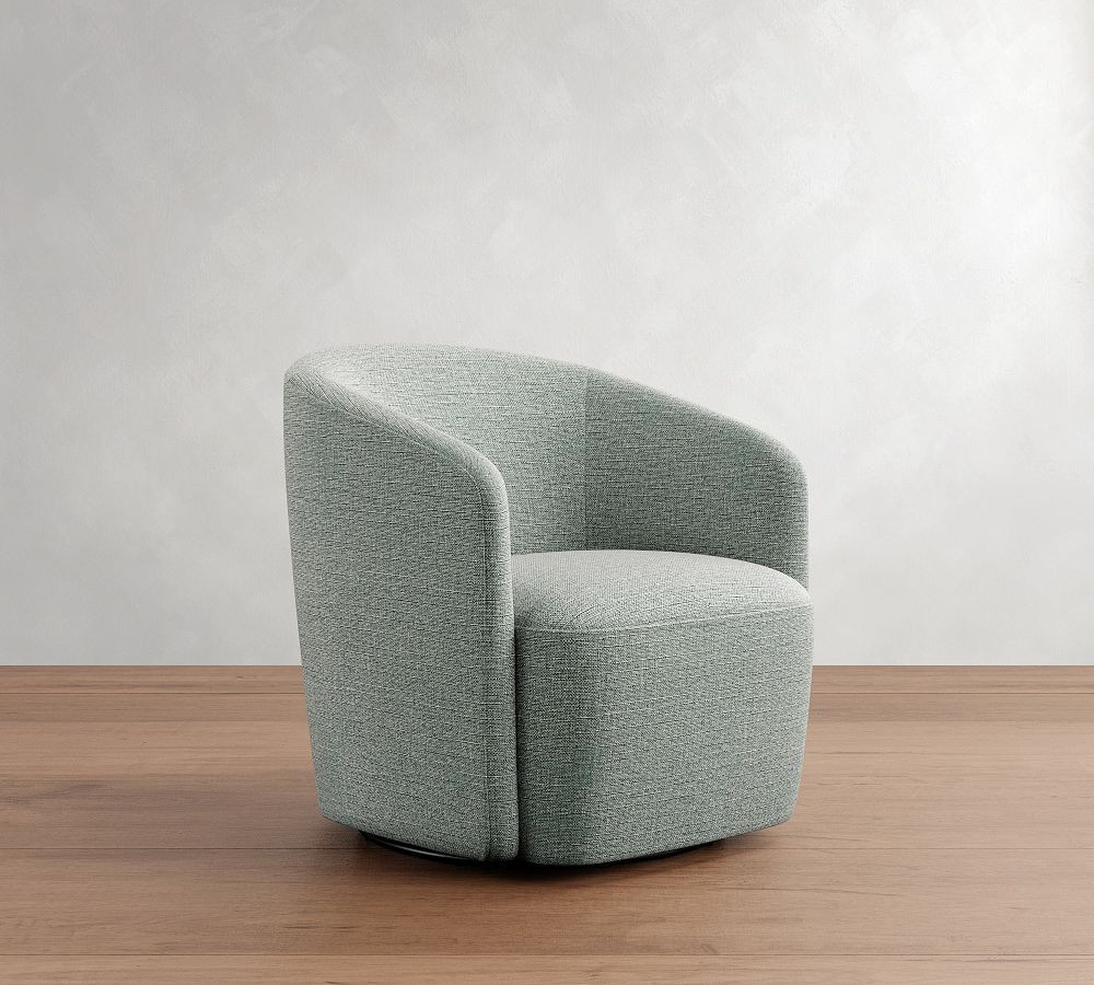 Preston Upholstered Swivel Armchair, Polyester Wrapped Cushions, Basketweave Slub Chambray | Pottery Barn (US)