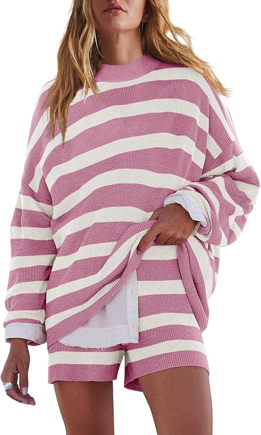 LAMISSCHE Womens Oversized Lounge Sets 2 Piece Outfits Striped Matching Pajama Set Long Sleeve Sw... | Amazon (US)