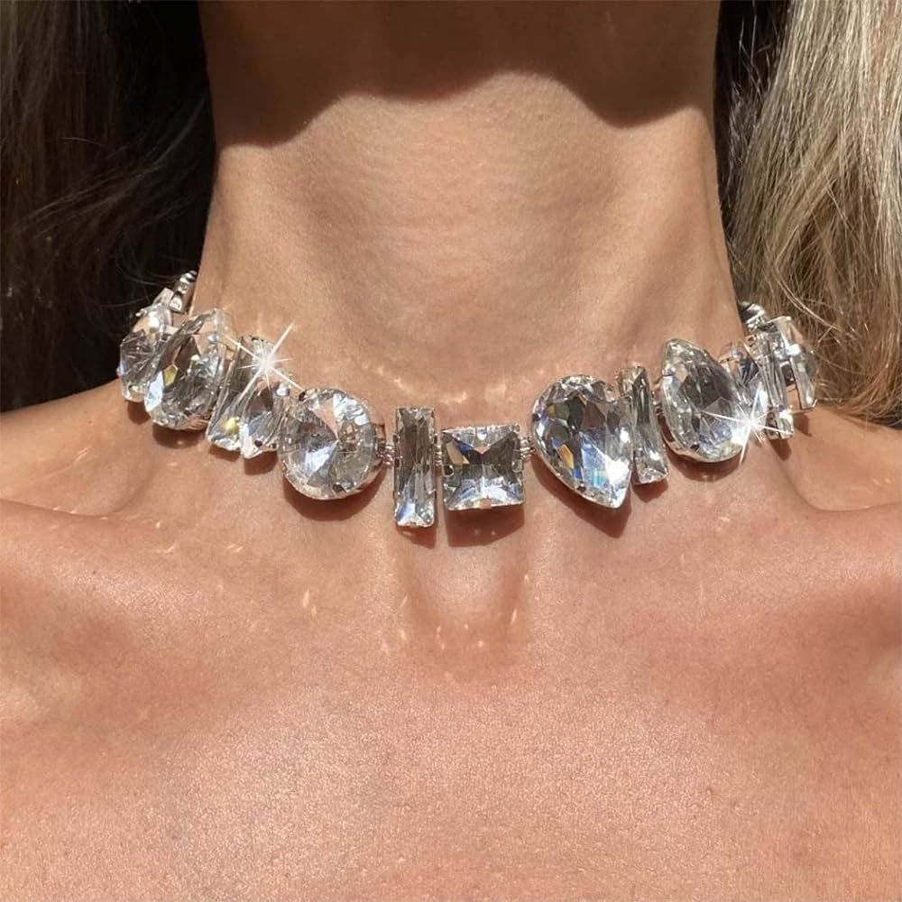 JONKY Crystal Chokers Silver Choker Necklace Rhinestone Neck Chain Bling Neck Jewelry Prom Access... | Amazon (US)