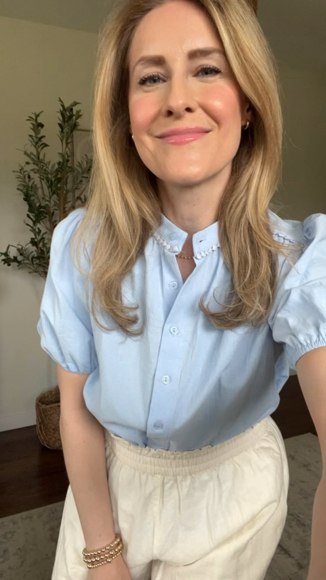 Amazon blouse that’s lovely for work or weekend, lots of colors, fits tts, I’m in a small. Shorts are Walmart and I sized up to medium. 